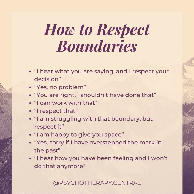 How to Respect Boundaries “I hear what you are saying, and I respect your decision” “Yes, no problem” “You are right, I shouldn’t have done that” “I can work with that” “I respect that” “I am struggling with that boundary, but I respect it” “I am happy to give you space” “Yes, sorry if I have overstepped the mark in the past” “I hear how you have been feeling and I won’t do that anymore”