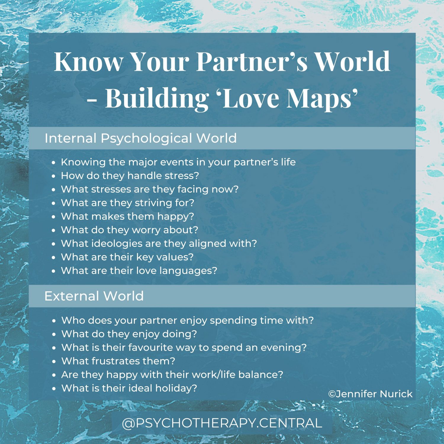 Know Your Partner’s World - Building ‘Love Maps’ Internal Psychological World Knowing the major events in your partner’s life How do they handle stress? What stresses are they facing now? What are they striving for? What makes them happy? What do they worry about? What ideologies are they aligned with? What are their key values? What are their love languages? External World Who does your partner enjoy spending time with? What do they enjoy doing? What is their favourite way to spend an evening? What frustrates them? Are they happy with their work / life balance? What is their ideal holiday?