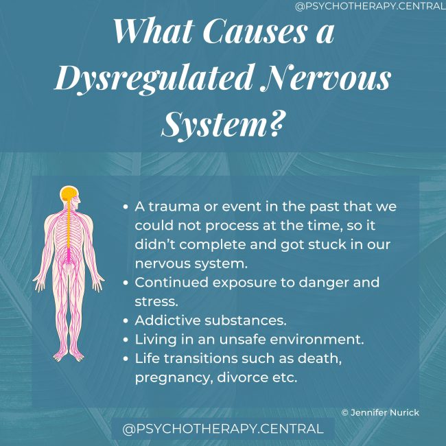 What causes a dysregulated nervous system A trauma or event in the past that we could not process at the time, so it didn’t complete and got stuck in our nervous system. Continued exposure to danger and stress. Addictive substances Living in an unsafe environment Life transitions such as death, pregnancy, divorce etc.