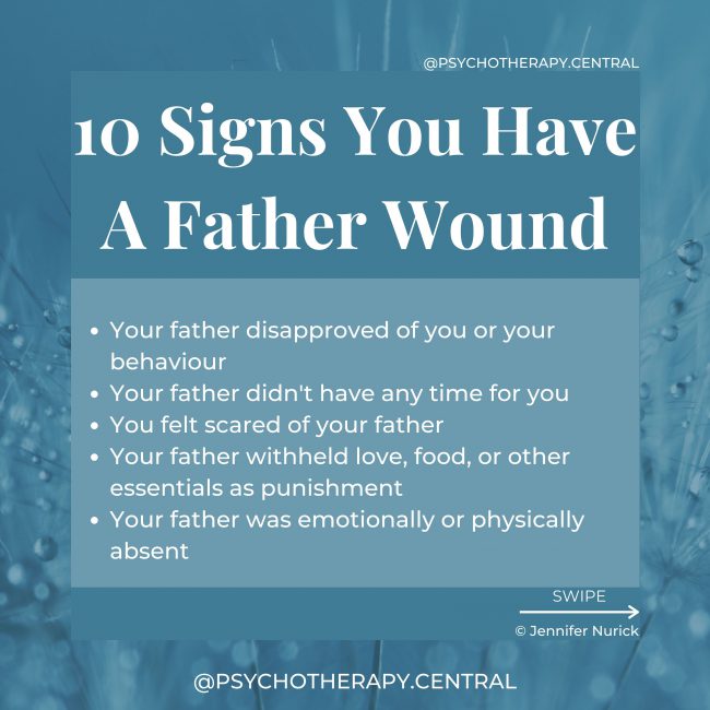 Your father disapproved of you or your behaviour Your father didn't have any time for you You felt scared of your father Your father withheld love, food, or other essentials as punishment Your father was emotionally or physically absent You find it difficult to trust men Your father was highly critical of you You often feel abandoned You don't go to your father with personal problems You feel you need to be perfect to please him