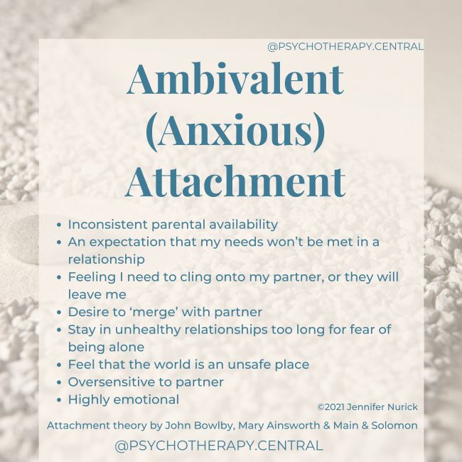 Inconsistent parental availability An expectation that my needs won’t be met in a relationship Feeling I need to cling onto my partner, or they will leave me Desire to ‘merge’ with partner Stay in unhealthy relationships too long for fear of being alone Feel that the world is an unsafe place Oversensitive to partner Highly emotional