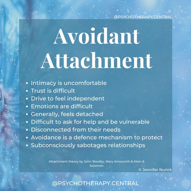 Intimacy is uncomfortable Difficult to trust Drive to feel independent Emotions are difficult Generally, feels detached Difficult to ask for help and be vulnerable Disconnected from their needs Avoidance is a defence mechanism to protect Subconsciously sabotages relationships