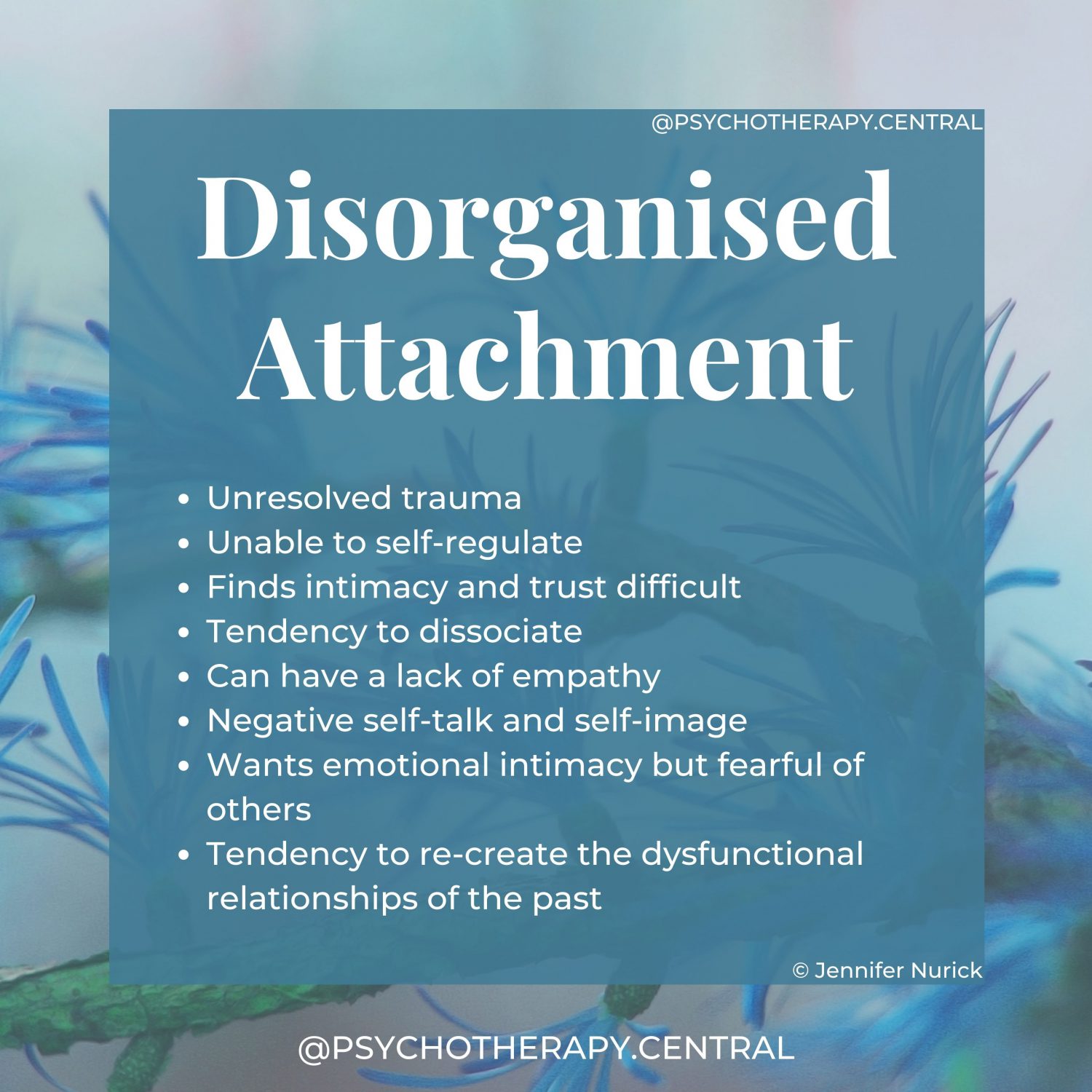 Disorganised Attachment Unresolved trauma Unable to self-regulate Finds intimacy and trust difficult Tendency to dissociate Can have a lack of empathy Negative self-talk and self-image Wants emotional intimacy but fearful of others Tendency to re-create the dysfunctional relationship of the past