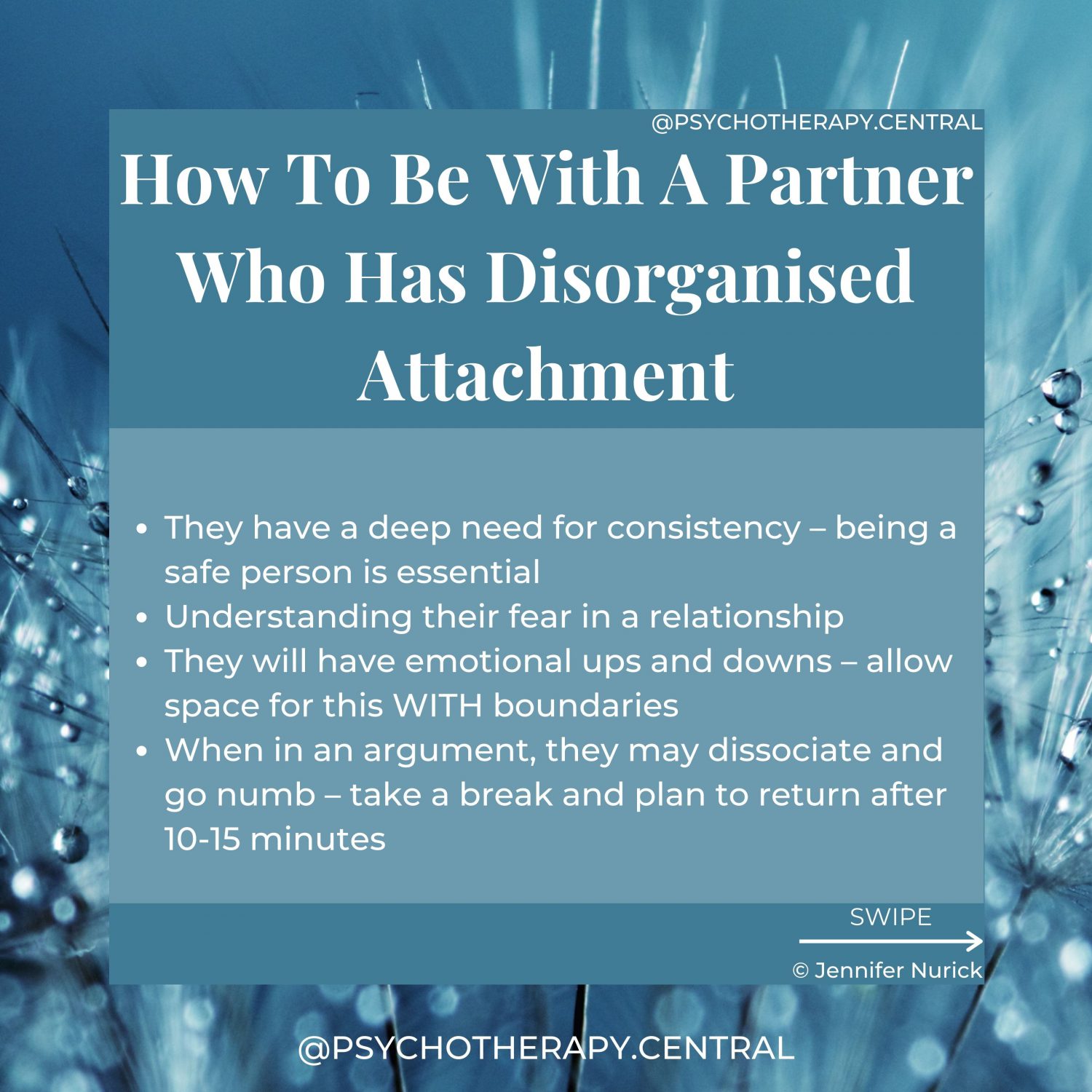 They have a deep need for consistency – being a safe person is essential Understanding their fear in a relationship They will have emotional ups and downs – allow space for this WITH boundaries When in an argument, they may dissociate and go numb – take a break and plan to return after 10-15 minutes Or they may become aggressive - maintain healthy boundaries – be open about what you expect and why Work together to create stability for you both – you may need support with this, and that’s okay Watch out for depression and anxiety in your partner and seek help if necessary