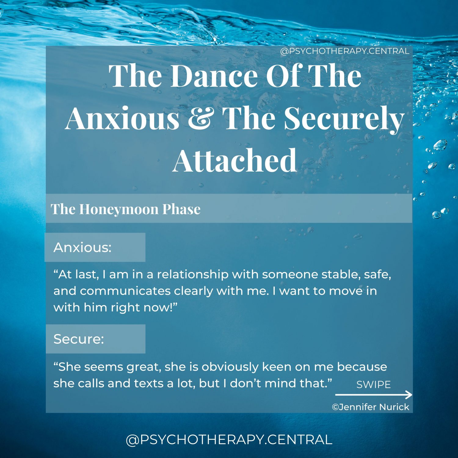 Anxious: “At last I am in a relationship with someone who is stable, safe, and communicates clearly with me. I just want to move in with him right now!” Secure: “She seems great, she is obviously keen on me because she calls and texts a lot, but I don’t mind that.”