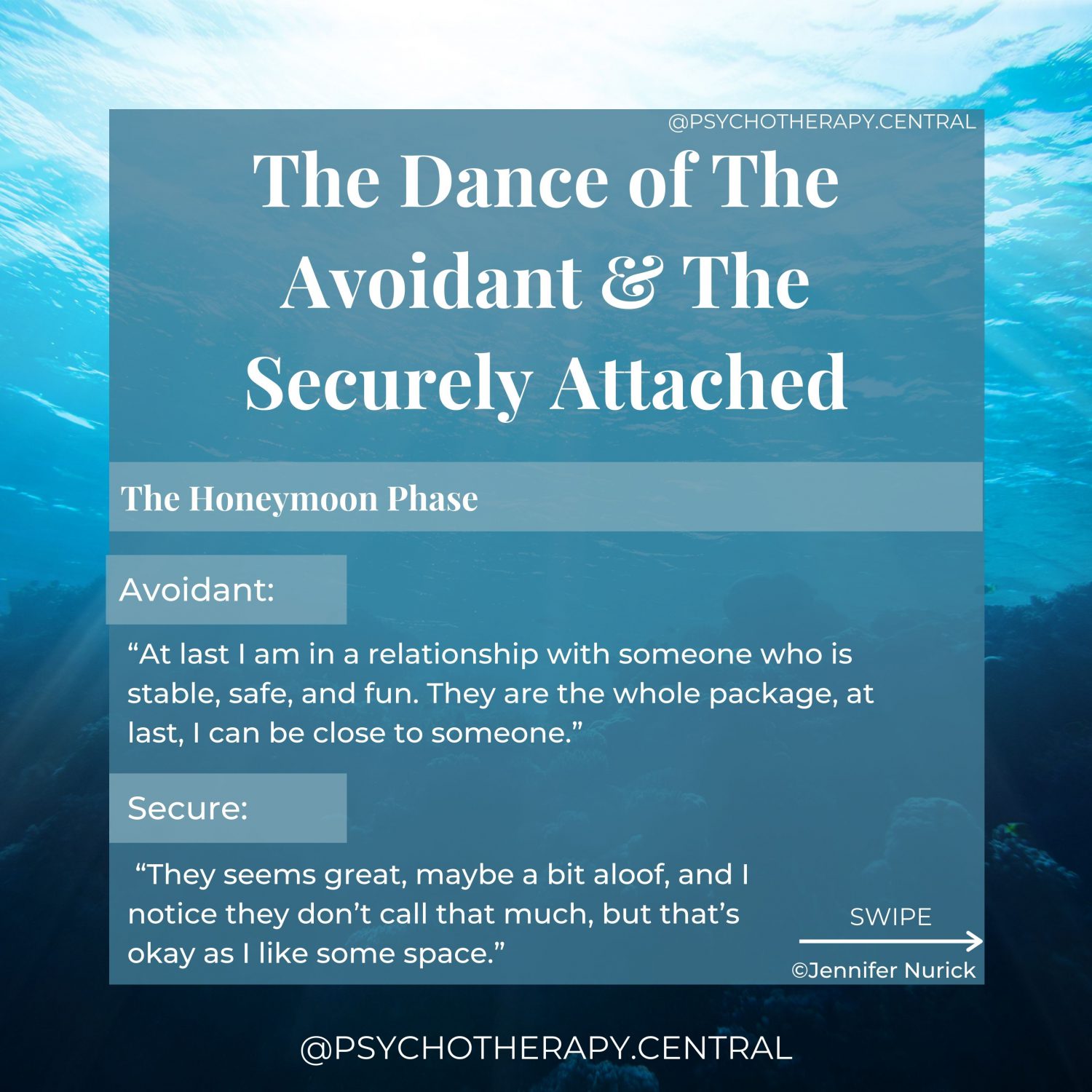 The Dance of The Avoidant and The Securely Attached HONEYMOON PHASE: Avoidant: “At last I am in a relationship with someone who is stable, safe, and fun. They are the whole package, at last, I can be close to someone.” Secure: “They seems great, maybe a bit aloof, and I notice they don’t call that much, but that’s okay as I like some space.”