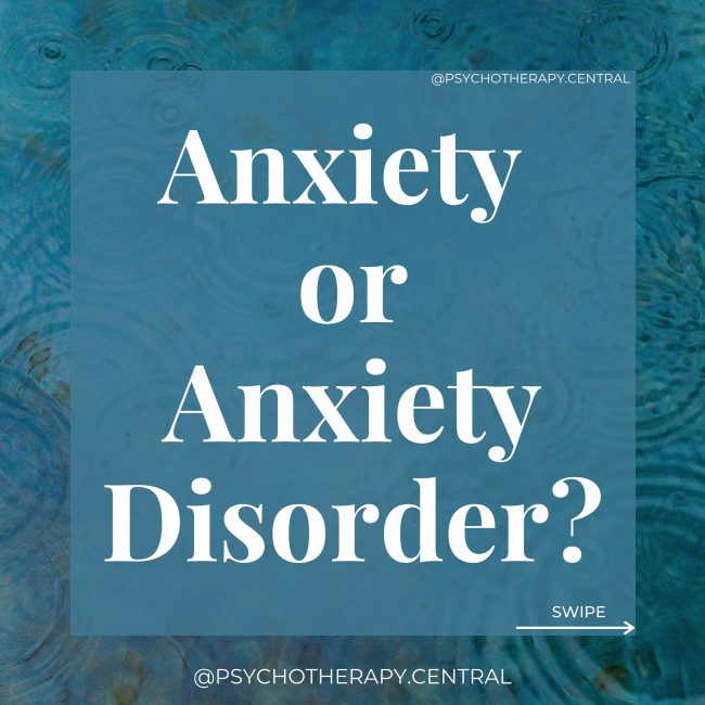 Anxiety or Anxiety Disorder? ‘Normal’ anxiety is a response to a specific issue, like a deadline | Anxious most of the time often, sometimes with no cause Only lasts as long as the issue, it has a start and endpoint | Intense emotional responses which can last for months Anxiety is proportional to the issue | The response can be much stronger than you would expect Can help to get things done | Interferes with life satisfaction, you may start avoiding places or people that trigger the anxiety | Physical symptoms, dizziness, nausea, trembling, racing heart, restricted breathing, difficulty concentrating Time out will often help the anxiety | The anxiety may feel impossible to manage