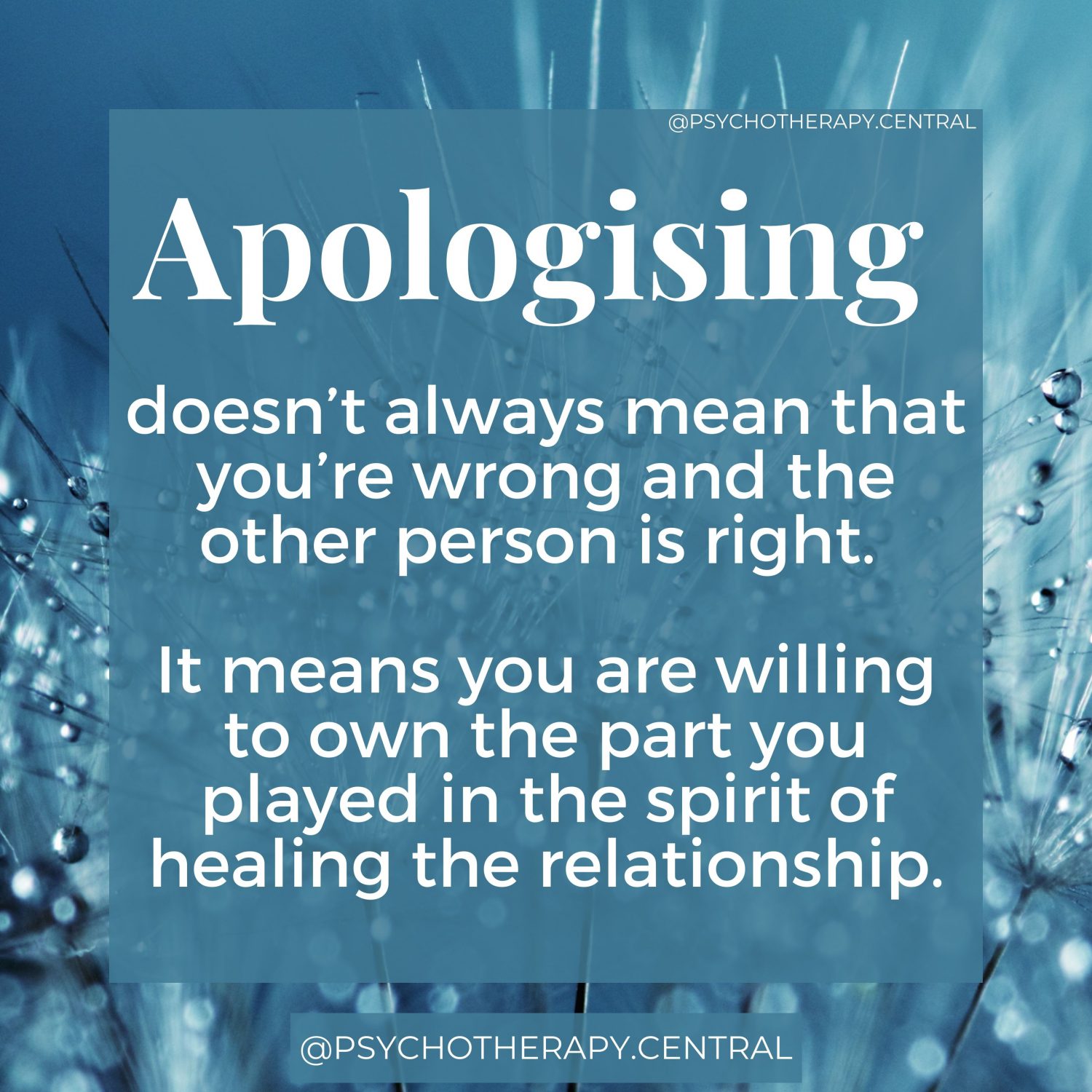 Apologising Apologising doesn’t always mean that you’re wrong and the other person is right. It means you are willing to own the part you played in the spirit of healing the relationship.