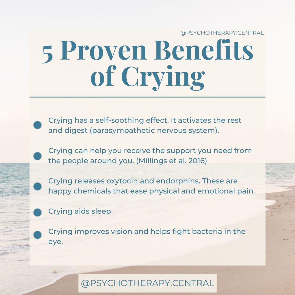 5 Proven BENEFITS of Crying
Crying has a self-soothing effect. It activates the rest and digest (parasympathetic nervous system).
Crying can help you receive the support you need from the people around you. (Millings et al. 2016)
Crying releases oxytocin and endorphins. These are happy chemicals that ease physical and emotional pain.
Crying aids sleep
Crying improves vision and helps fight bacteria in the eye.