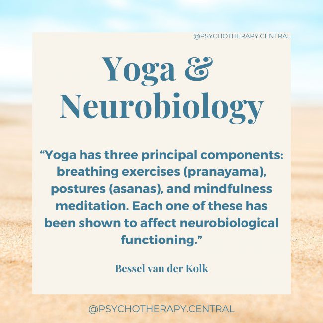 “Yoga has three principal components: breathing exercises (pranayama), postures (asanas), and mindfulness meditation. Each 1 of these has been shown to affect neurobiological functioning.” Bessel van der Kolk