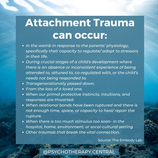 Attachment Trauma can occur: In the womb in response to the parents' physiology, specifically their capacity to regulate/ adapt to stressors in their life. During crucial stages of a child's development where there is an absence or inconsistent experience of being attended to, attuned to, co-regulated with, or the child’s needs not being responded to. Transgenerationally passed down. From the loss of a loved one. When our primal protective instincts, intuitions, and responses are thwarted. When relational bonds have been ruptured and there is not enough time, space, or capacity to heal/ repair the rupture. When there is too much stimulus too soon- in the hospital, home, environment, or socal-cultural setting. Other traumas that break the vital connection.