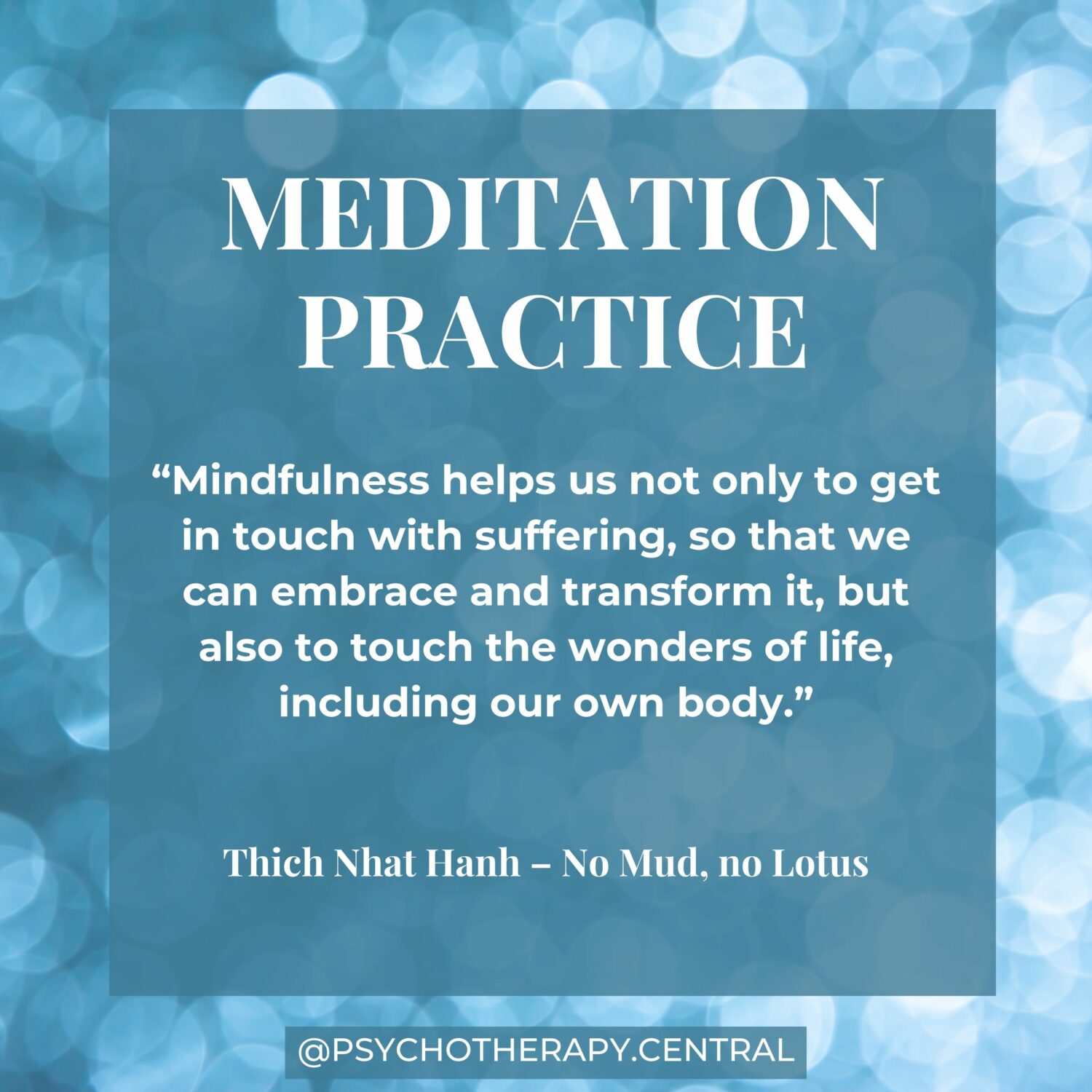 “Mindfulness helps us not only to get in touch with suffering, so that we can embrace and transform it, but also to touch the wonders of life, including our own body.” Thich Nhat Hanh – No Mud, no Lotus.