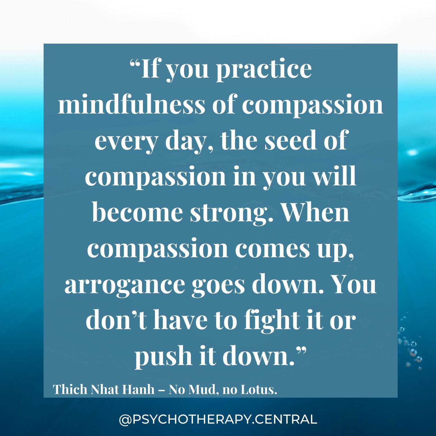 “If you practice mindfulness of compassion every day, the seed of compassion in you will become strong. When compassion comes up, arrogance goes down. You don’t have to fight it or push it down.” Thich Nhat Hanh – No Mud, no Lotus.