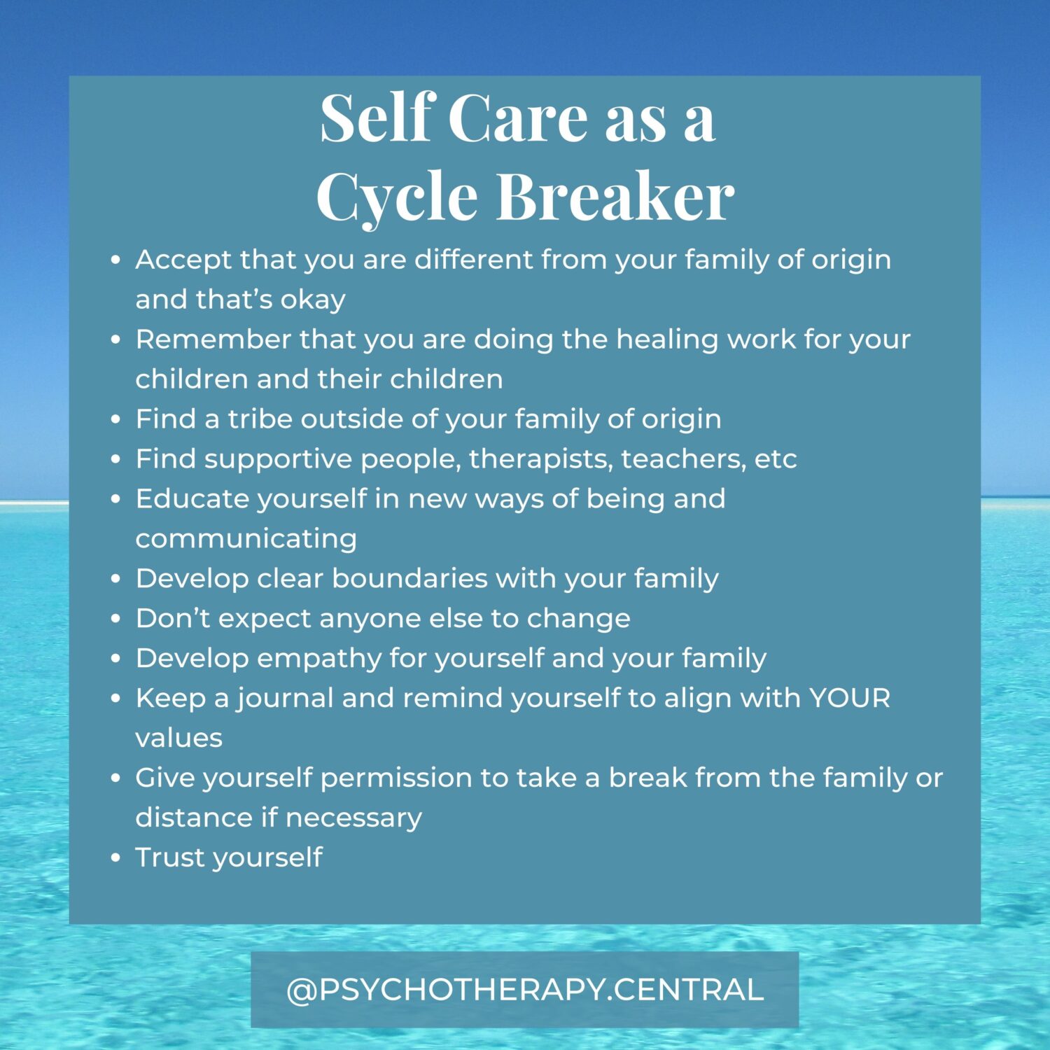 How to Support Yourself as a ‘Cycle Breaker’ Accept that you are different from your family of origin and that’s okay Remember that you are doing the healing work for your children and their children Find a tribe outside of your family of origin Find supportive people, therapists, teachers, etc Educate yourself in new ways of being and communicating Develop clear boundaries with your family Don’t expect anyone else to change Develop empathy for yourself and your family Keep a journal and remind yourself to align with YOUR values Give yourself permission to take a break from the family or distance if necessary Trust yourself