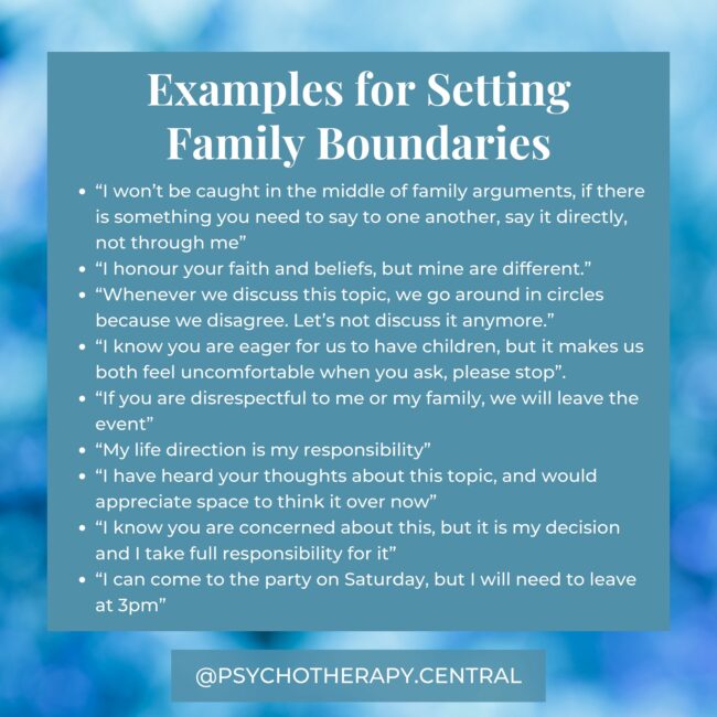 Boundaries with Family Can Sound Like “I won’t be caught in the middle of family arguments, if there is something you need to say to one another, say it directly, not through me” “I honour your faith and beliefs, but mine are different.” “Whenever we discuss this topic, we go around in circles because we disagree. Let’s not discuss it anymore.” “I know you are eager for us to have children, but it makes us both feel uncomfortable when you ask, please stop”. “If you are disrespectful to me or my family, we will leave the event” “My life direction is my responsibility” “I have heard your thoughts about this topic, and would appreciate space to think it over now” “I know you are concerned about this, but it is my decision and I take full responsibility for it” “I can come to the party on Saturday, but I will need to leave at 3pm”