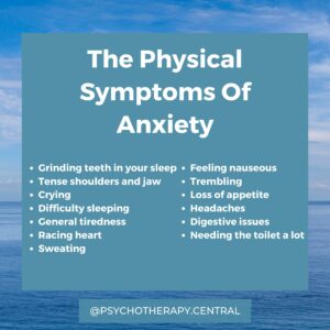 The Physical Symptoms Of Anxiety Grinding teeth in your sleep Tense shoulders and jaw Crying Difficulty sleeping General tiredness Racing heart Sweating Needing the toilet a lot Feeling nauseous Trembling Loss of appetite Headaches